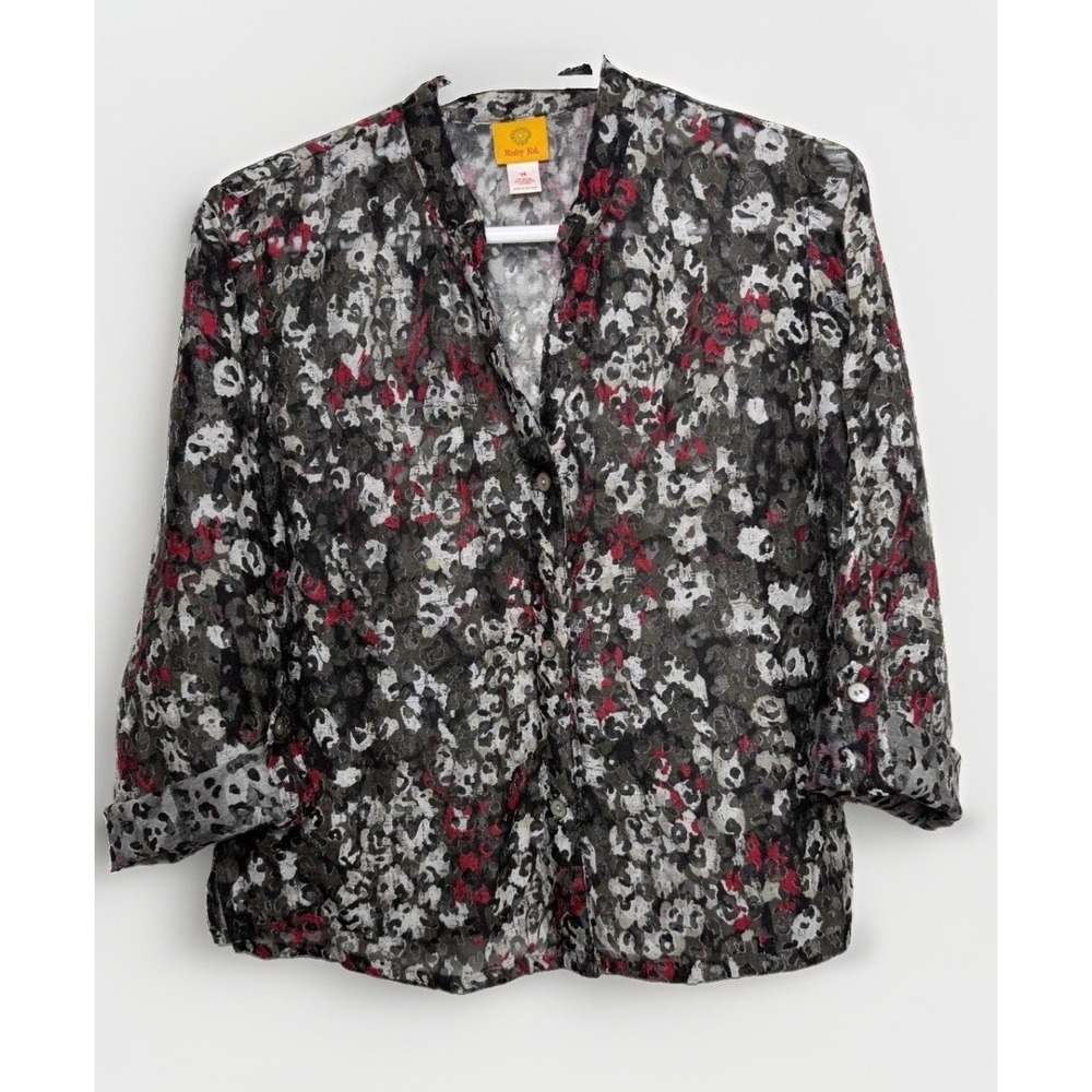 Ruby Rd Blouse Womens Sz-14 Black Red Grey Print Sheer Artsy Boho Office Chic
